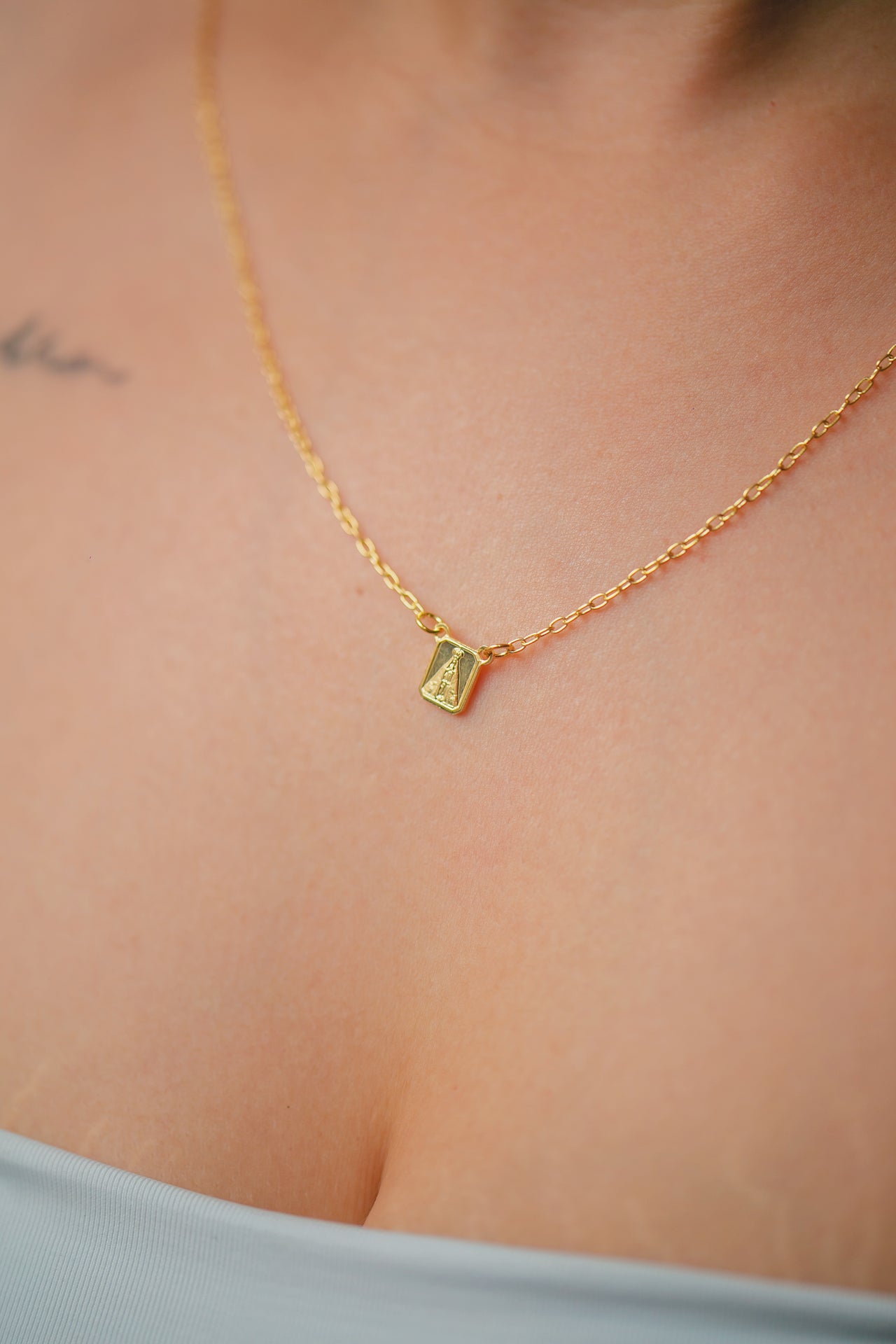 ESCAPULÁRIO DELICADO NOSSA SENHORA FOLHEADO A OURO 18K