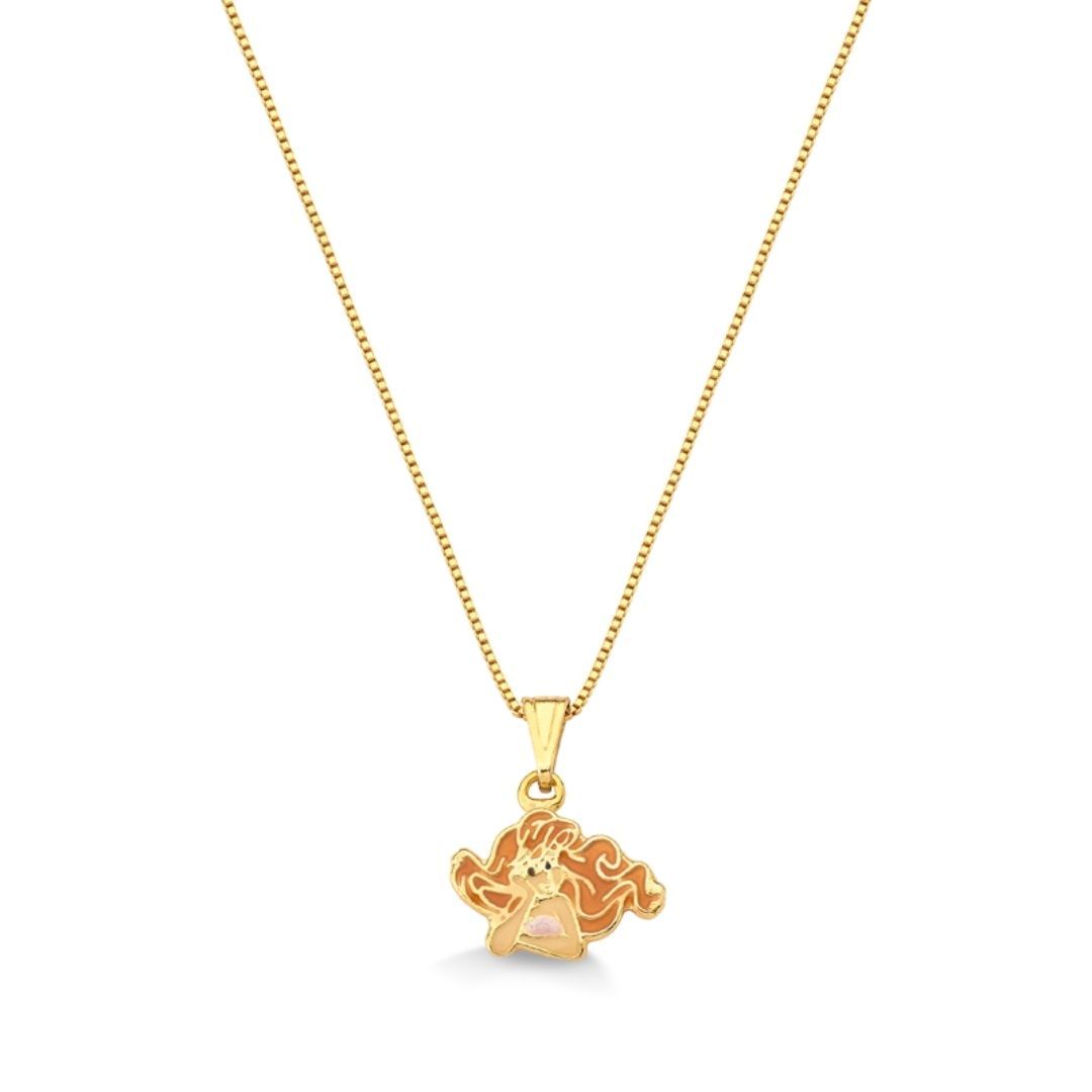 COLAR INFANTIL PINGENTE PRINCESA ARIEL RESINADO FOLHEADO A OURO 18K