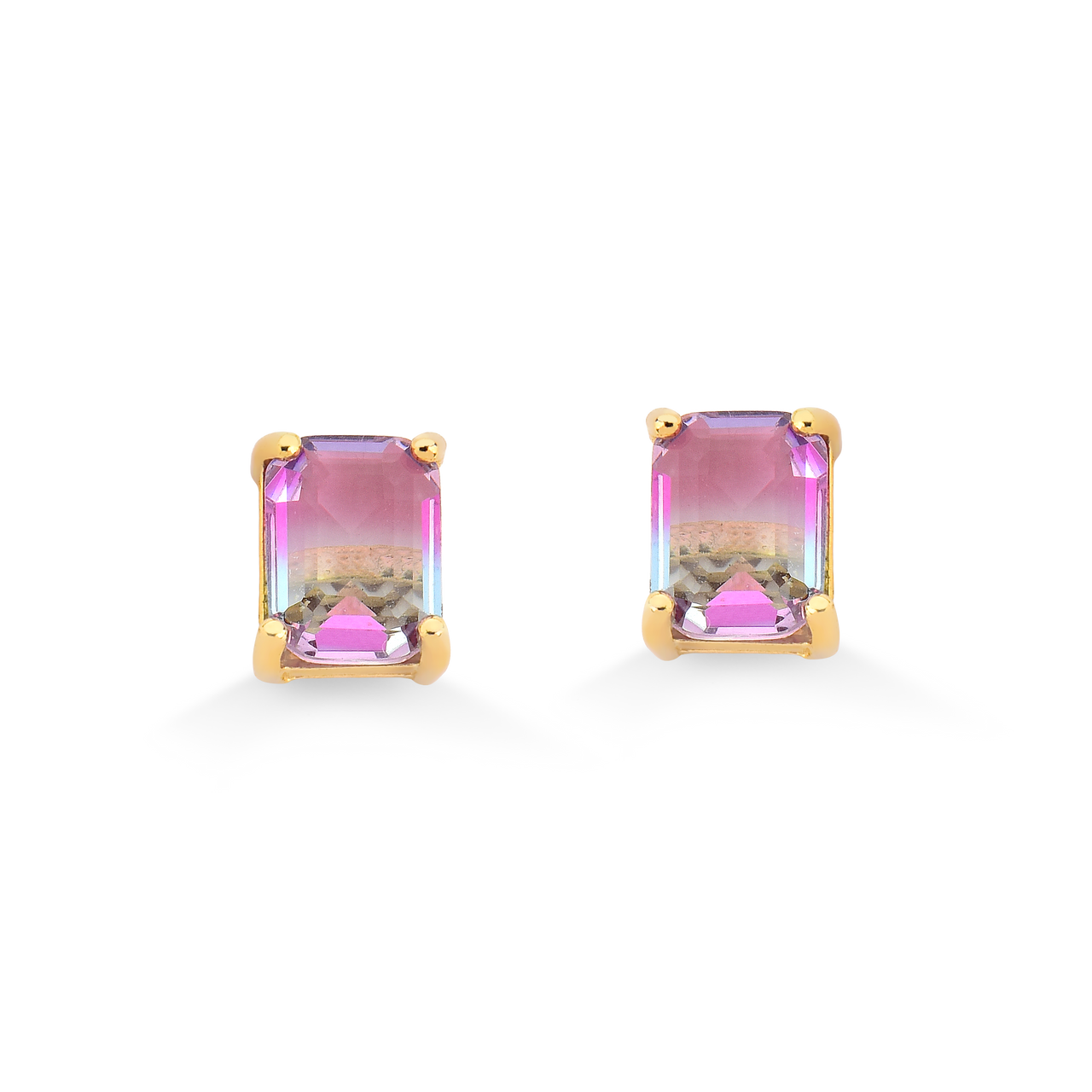 BRINCO DE PEDRA MULTICOLOR ROSA E LILAS FOLHEADO A OURO 18K