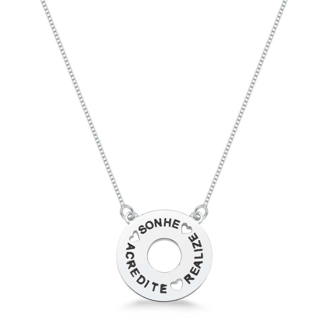 COLAR COM PINGENTE DE PRATA REDONDO ESCRITA SONHE  REALIZE ACREDITE