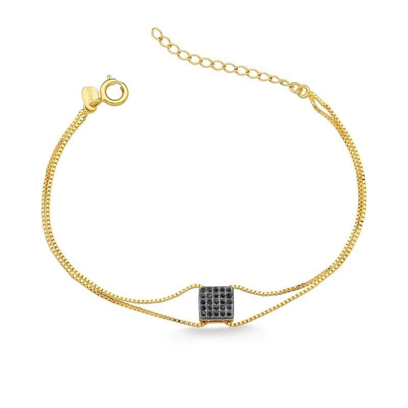 PULSEIRA COM PINGENTE QUADRADO CRAVEJADO DE ZIRCÔNIAS PRETAS FOLHEADA OURO 18K