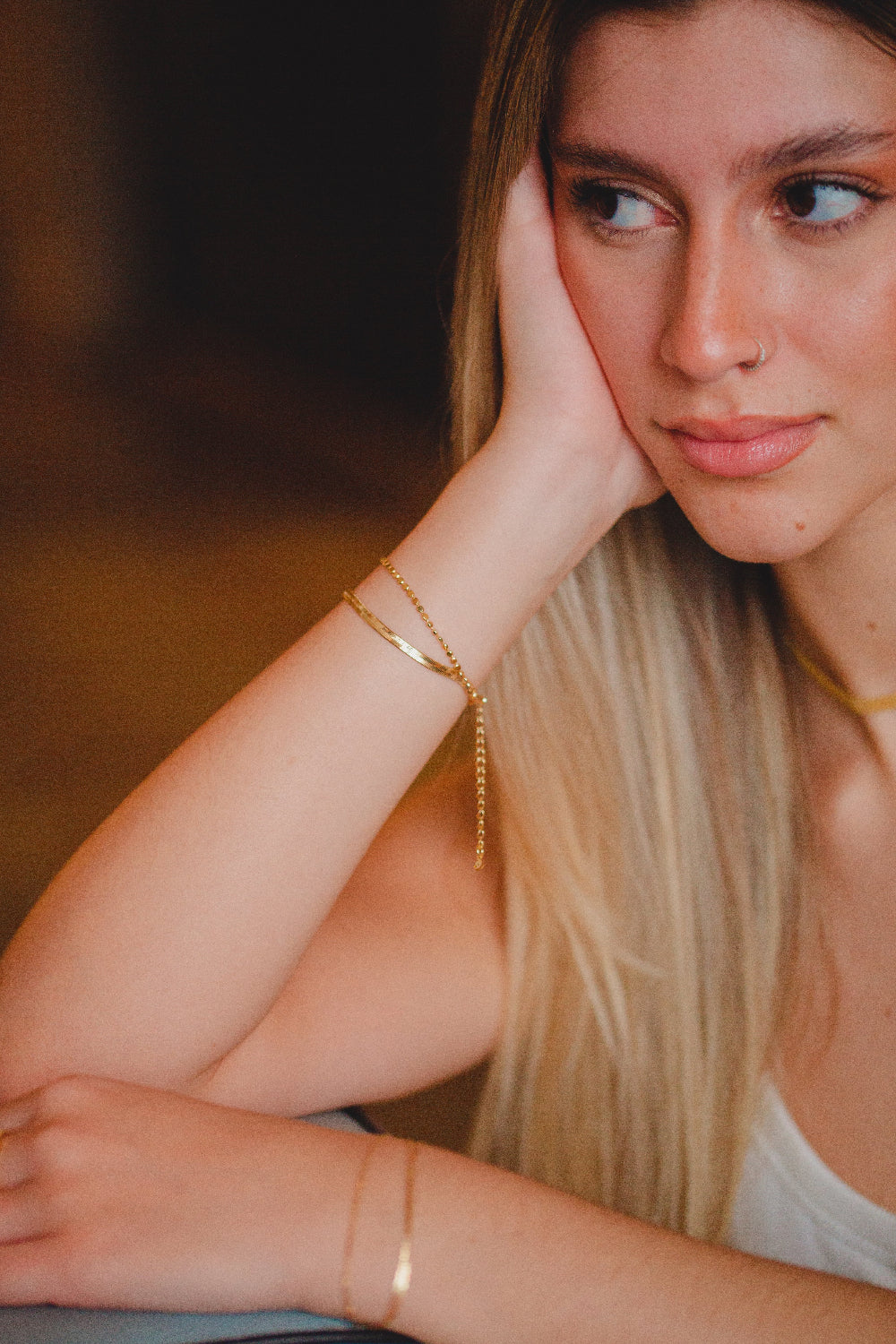 PULSEIRA MALHA FITA DUPLA DE BOLINHAS FOLHEADO A OURO 18K