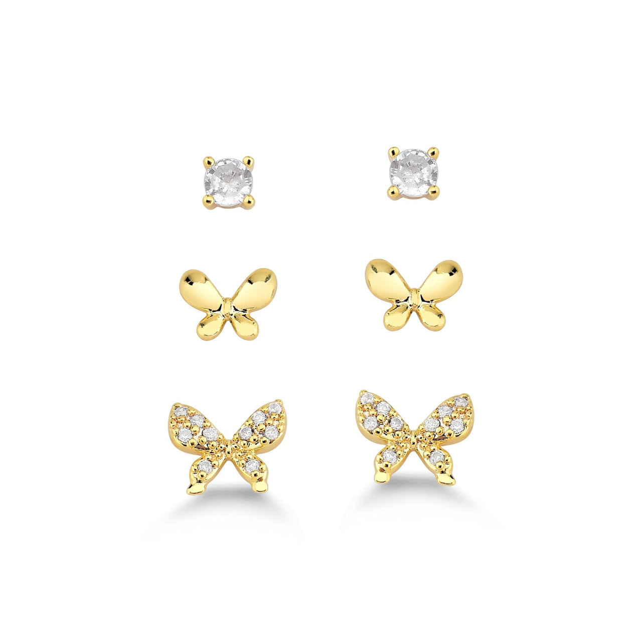 TRIO DE BRINCOS COM BORBOLETAS FOLHEADO A OURO 18K