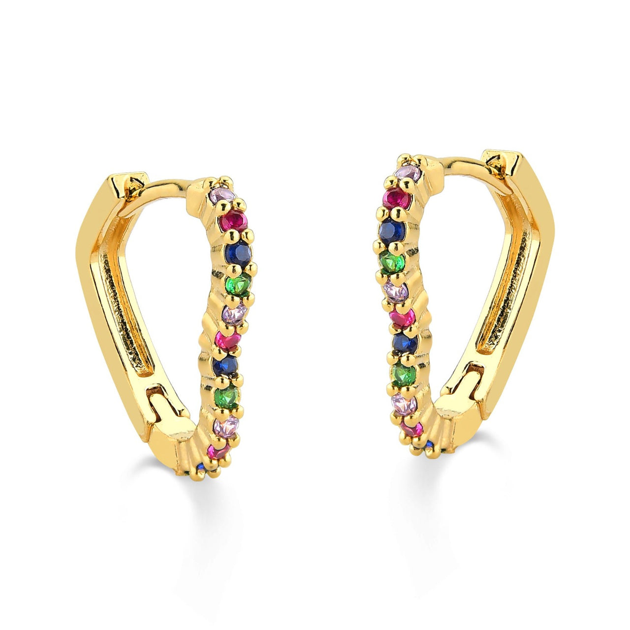 BRINCO DE ARGOLA FINA E CORAÇÃO GRANDE CRAVEJADA DE ZIRCONIAS COLORIDAS FOLHEADO A OURO 18K