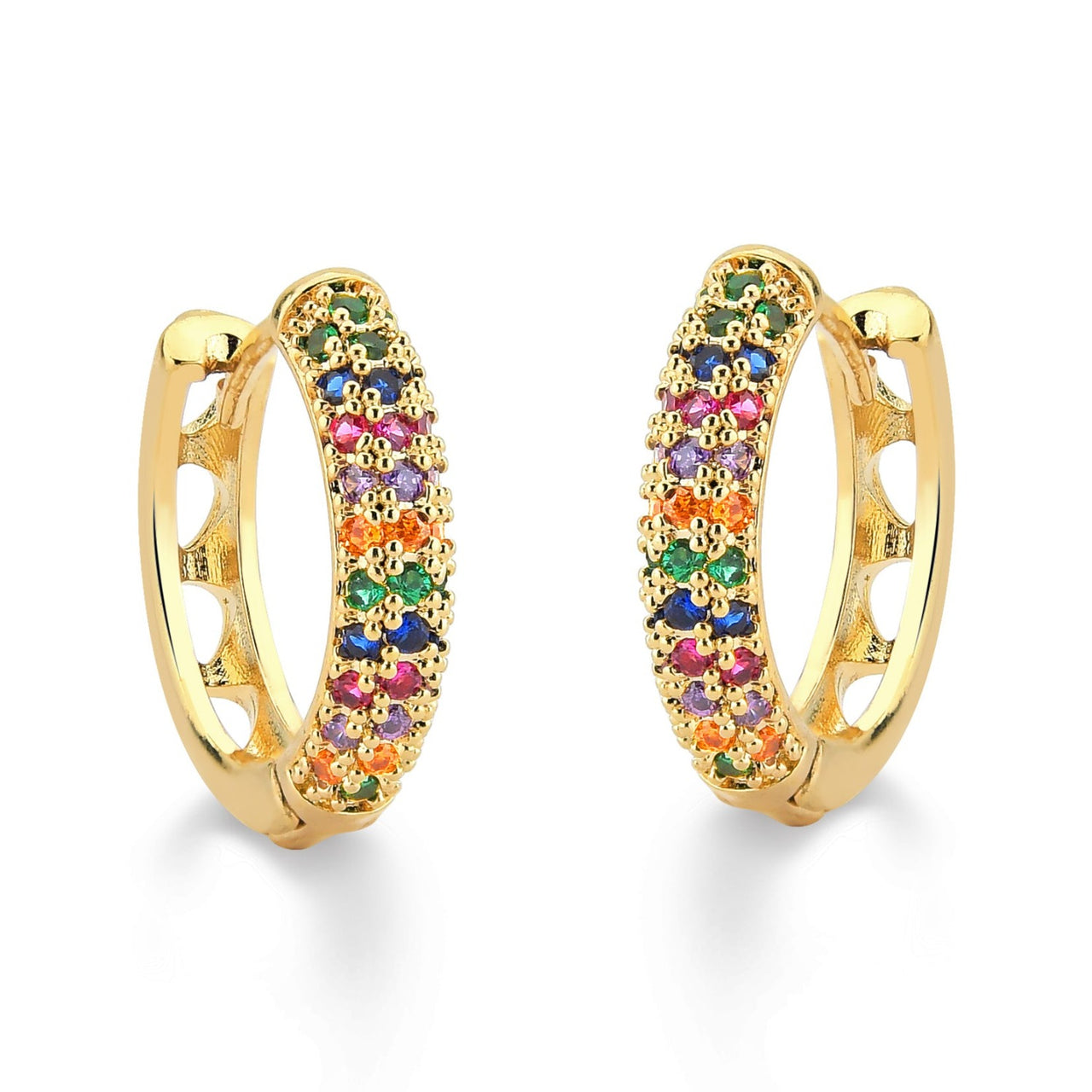 BRINCO DE ARGOLA GRANDE COM MICRO ZIRCONIAS COLORIDAS FOLHEADO A OURO 18K