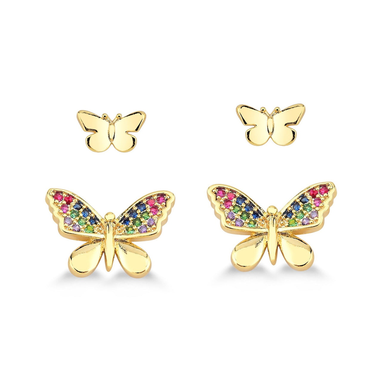 BRINCO DUPLA DE BORBOLETAS COLORIDAS FOLHEADO A OURO 18K