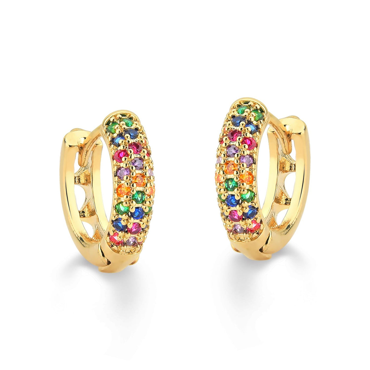 BRINCO DE ARGOLA MEDIA COM MICRO ZIRCONIAS COLORIDAS FOLHEADO A OURO 18K