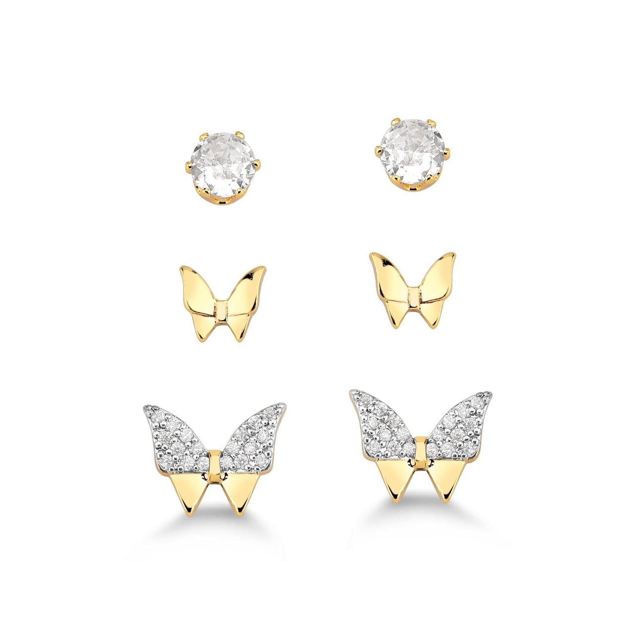 TRIO DE BRINCOS DE BORBOLETAS E ZIRCONIA FOLHEADO A OURO 18K