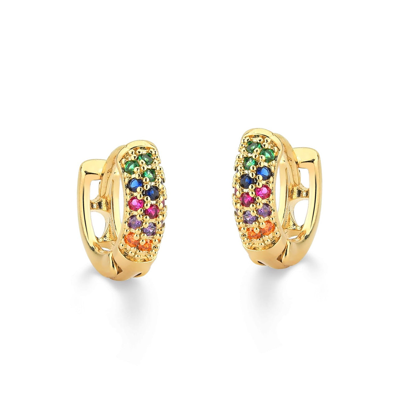 BRINCO DE ARGOLA PEQUENA COM MICRO ZIRCONIAS COLORIDAS FOLHEADO A OURO 18K