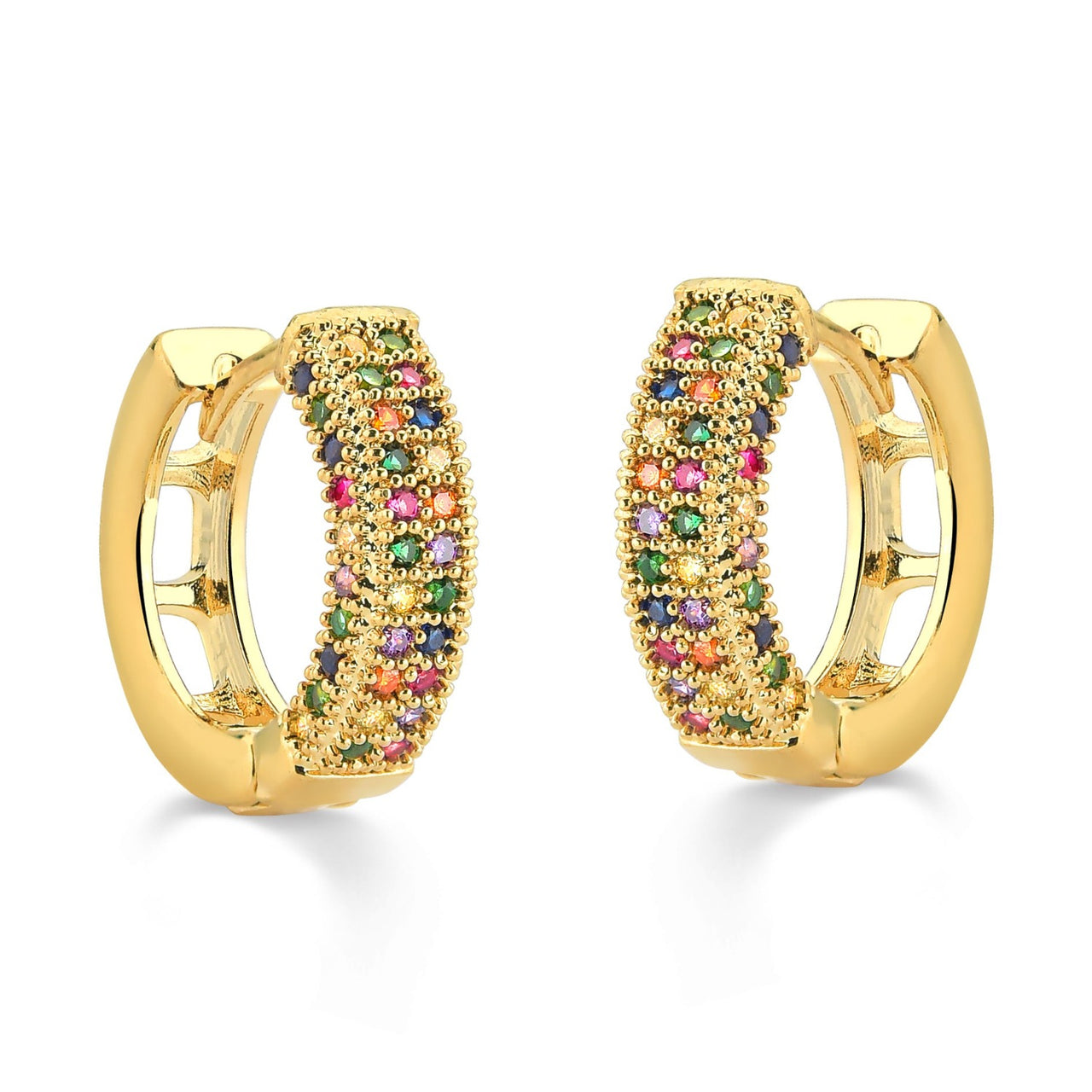BRINCO DE ARGOLA LARGA CRAVEJADA DE ZIRCONIAS COLORIDAS FOLHEADO A OURO 18K