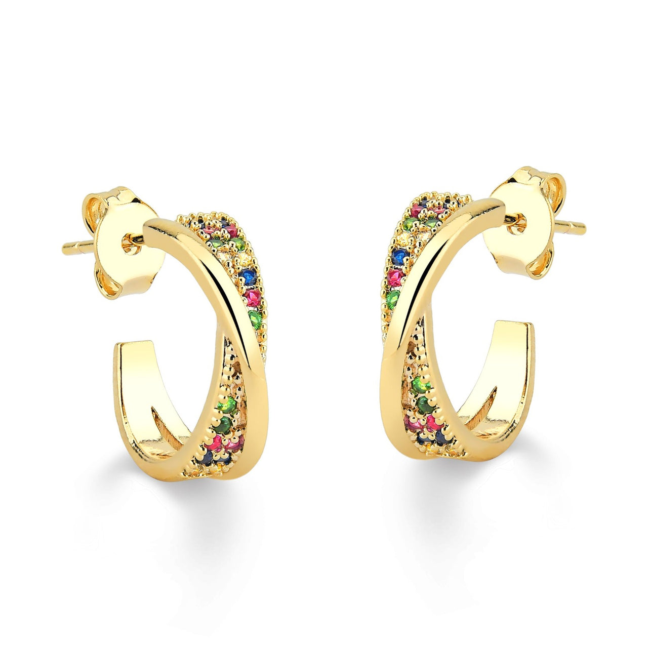 BRINCO DE ARGOLA DE TARRAXA CRAVEJADA DE ZIRCONIAS COLORIDAS FOLHEADO A OURO 18K