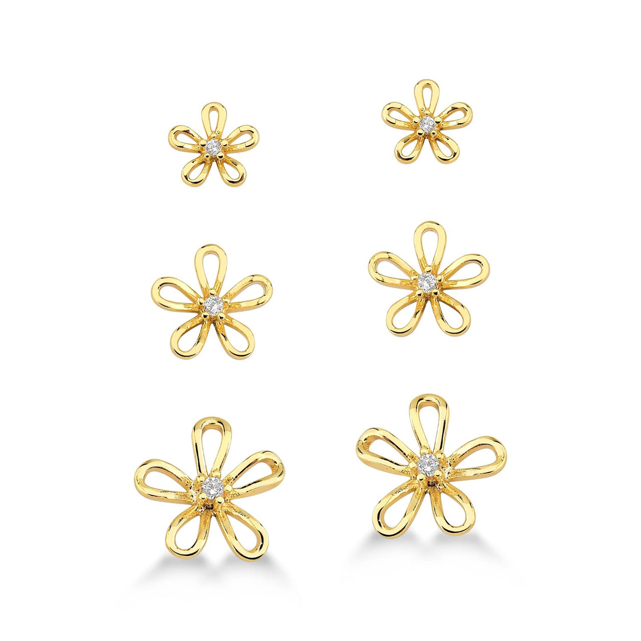 TRIO DE BRINCOS DE FLORES FOLHEADO A OURO 18K