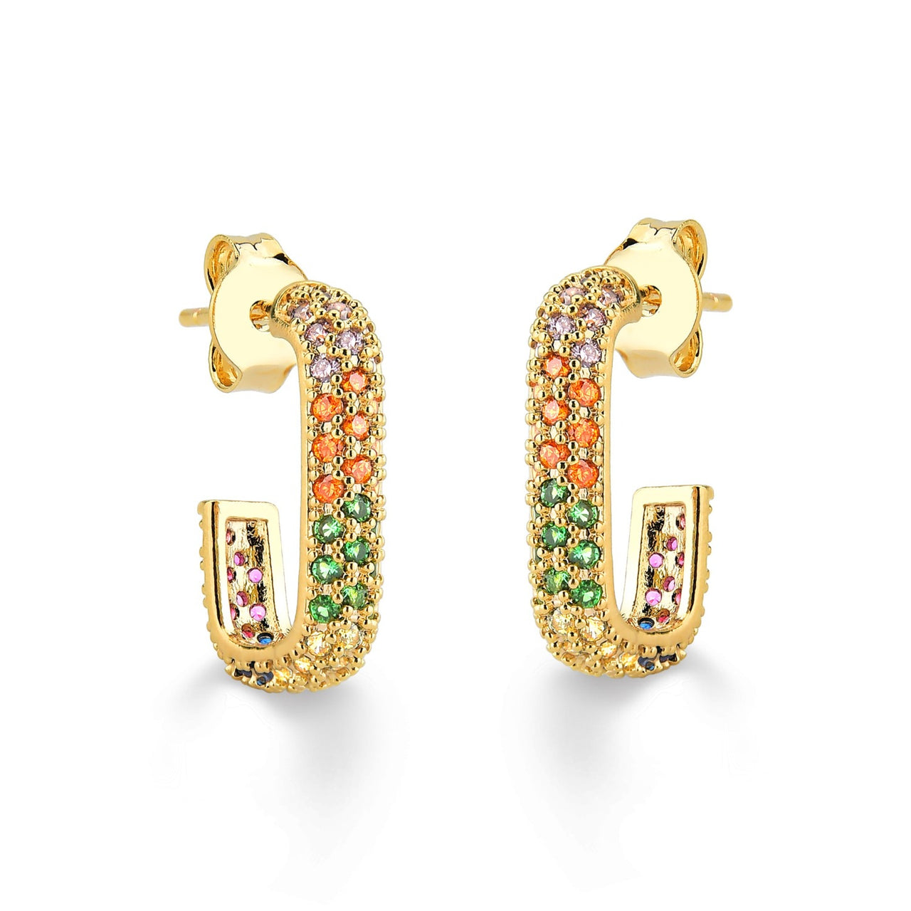 BRINCO DE ARGOLA COM TARRAXA EM U CRAVEJADA DE ZIRCONIAS COLORIDAS FOLHEADO A OURO 18K