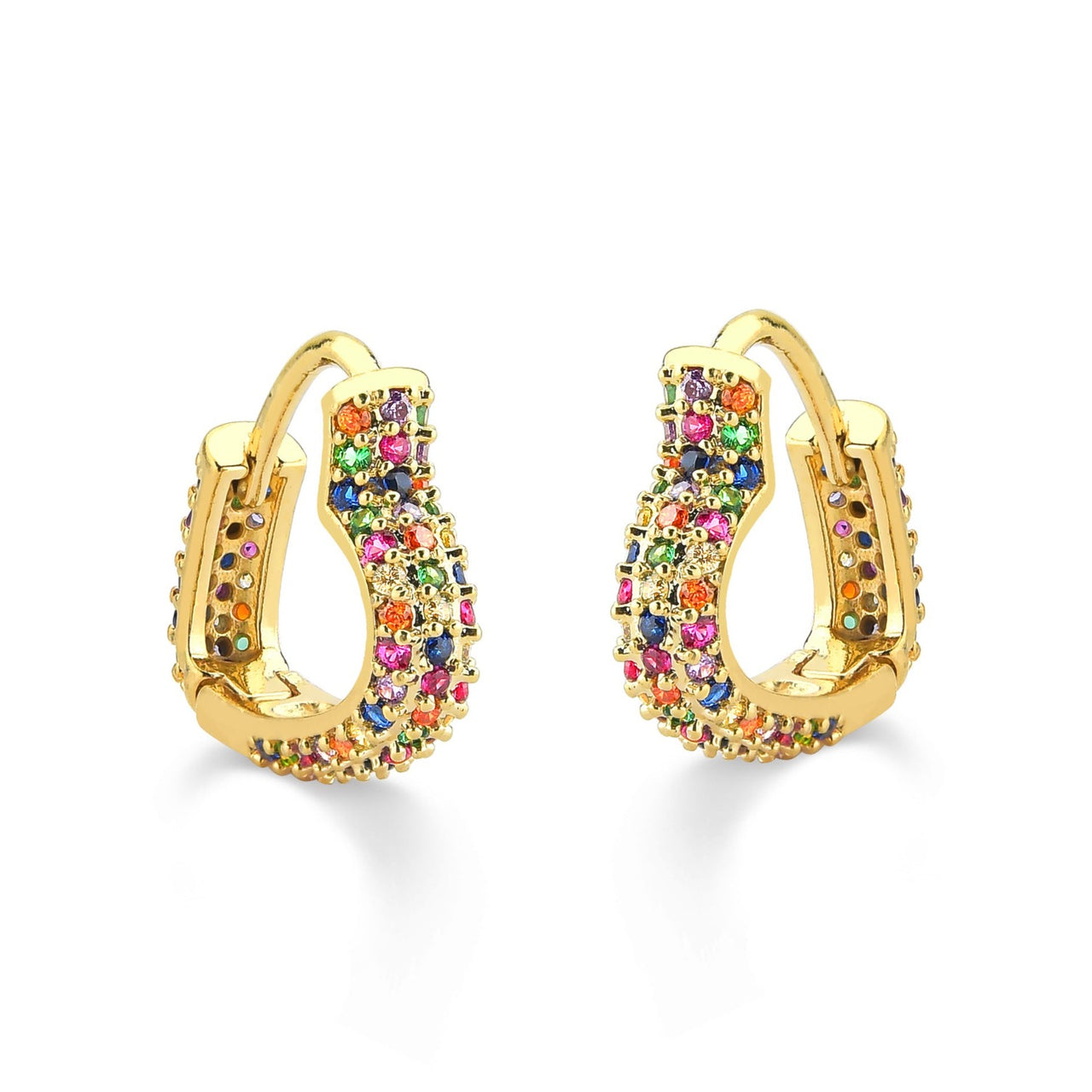 BRINCO DE ARGOLA DE CORAÇÃO CRAVEJADA DE ZIRCONIAS COLORIDAS FOLHEADO A OURO 18K