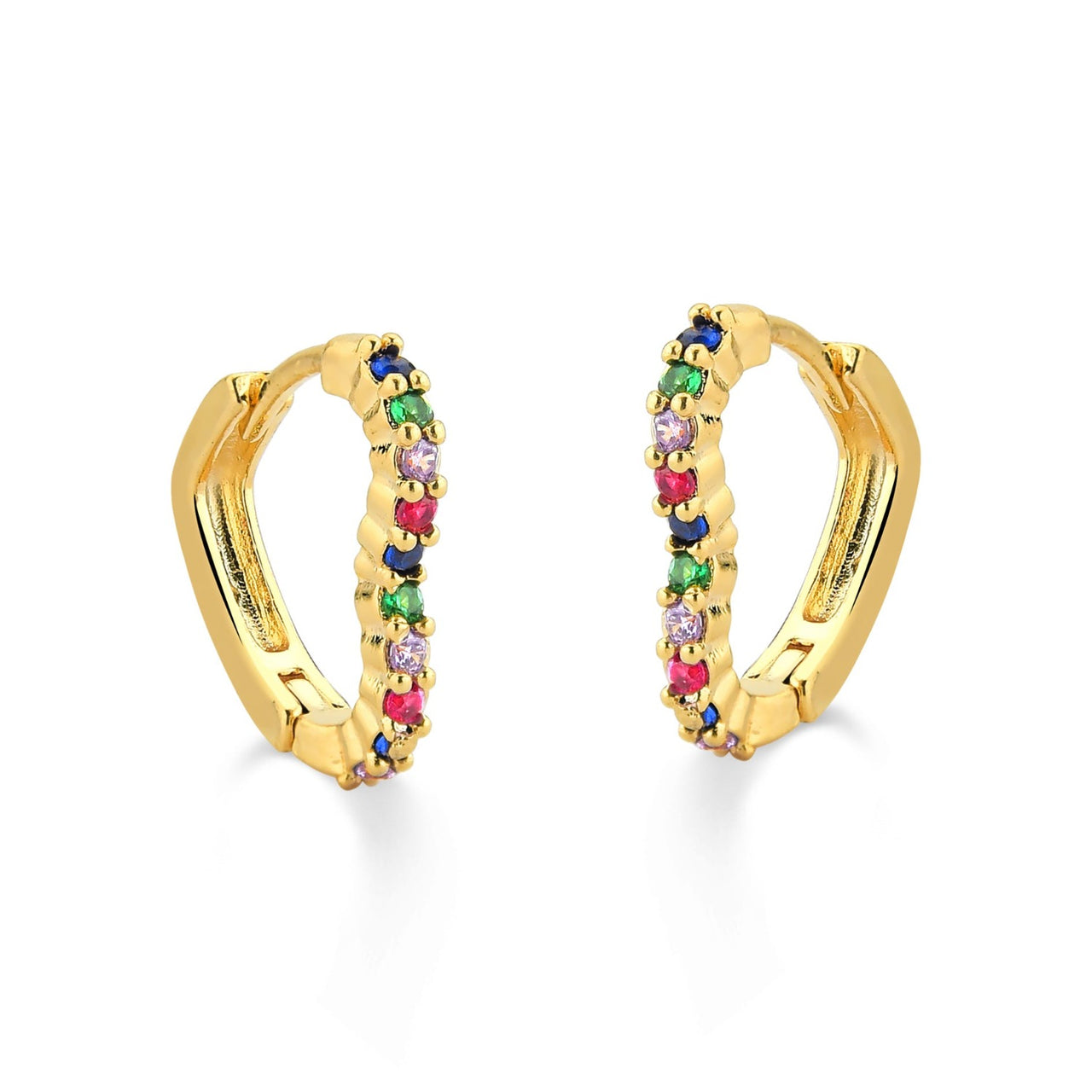 BRINCO DE ARGOLA FINA E CORAÇÃO MEDIA CRAVEJADA DE ZIRCONIAS COLORIDAS FOLHEADO A OURO 18K