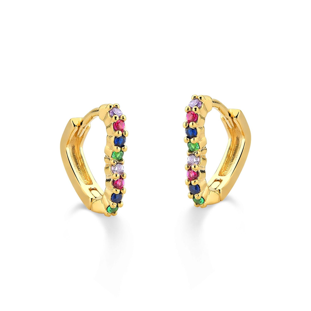 BRINCO DE ARGOLA FINA E CORAÇÃO PEQUENA CRAVEJADA DE ZIRCONIAS COLORIDAS FOLHEADO A OURO 18K