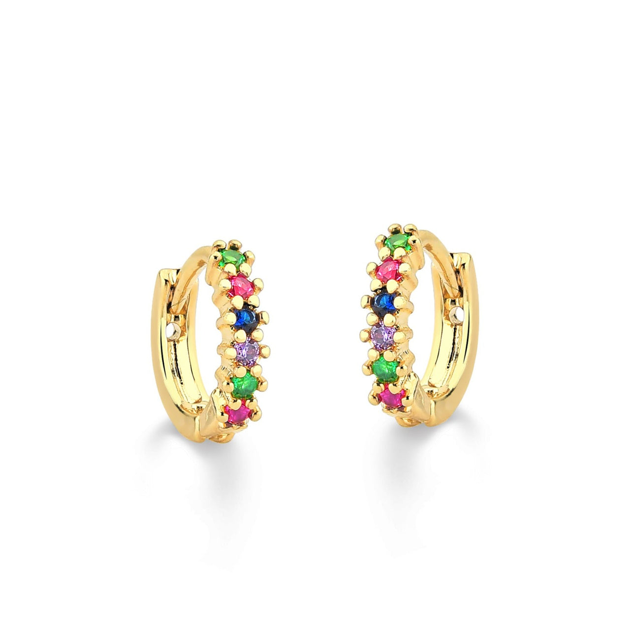 BRINCO DE ARGOLA PEQUENA FINA COM MICRO ZIRCONIAS COLORIDAS FOLHEADO A OURO 18K