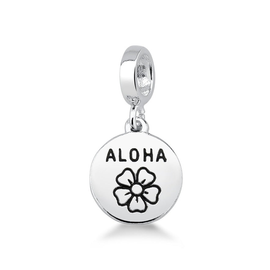 PINGENTE MEDALHA COM ESCRITA "ALOHA" E FLOR EM PRATA