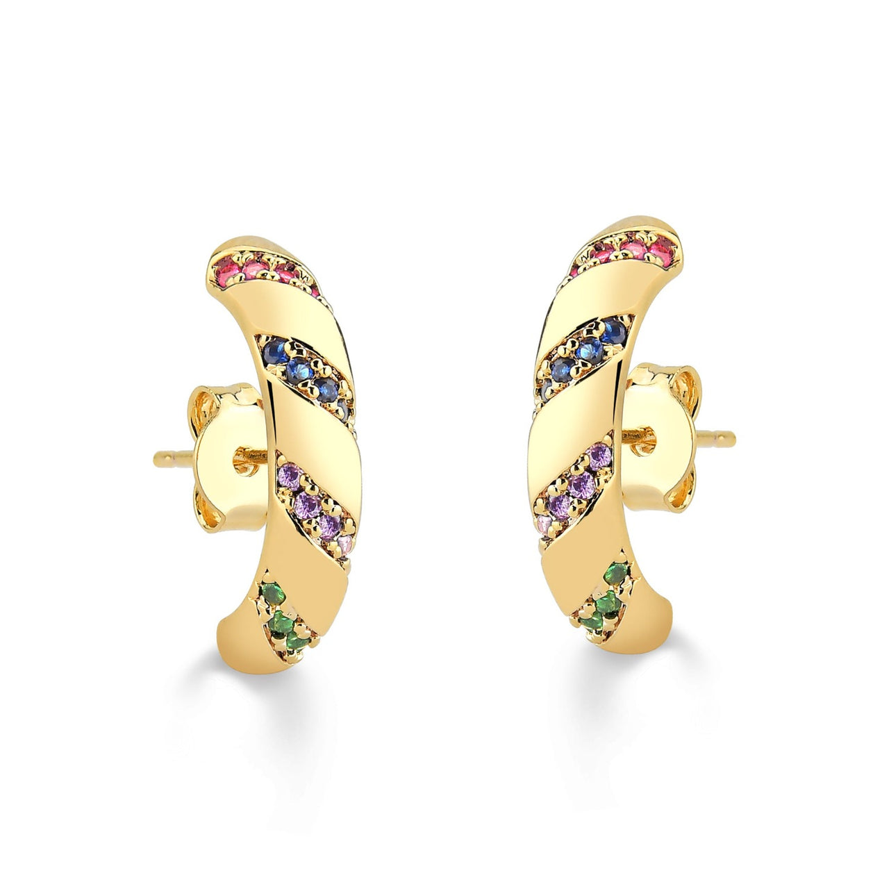 BRINCO EAR HOOK CRAVEJADO EM LISTRAS DE ZIRCONIAS COLORIDAS FOLHEADO A OURO 18K