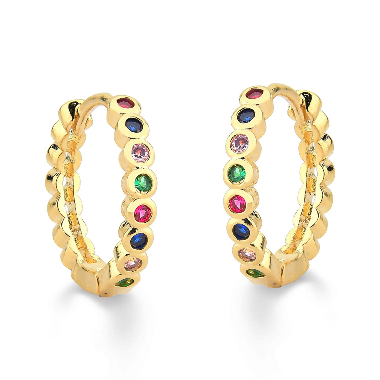 BRINCO DE ARGOLA GRANDE COM ZIRCONIAS COLORIDAS REDONDAS FOLHEADO A OURO 18K