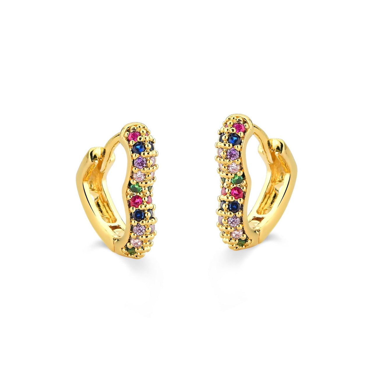 BRINCO DE ARGOLA DE CORAÇÃO PEQUENO COM ZIRCONIAS COLORIDAS FOLHEADO A OURO 18K