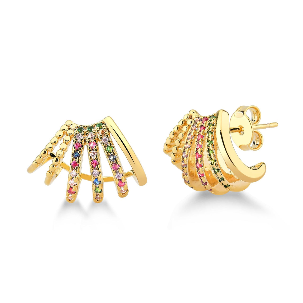 BRINCO DE LISTRAS CRAVEJADO DE ZIRCONIAS COLORIDAS FOLHEADO A OURO 18K