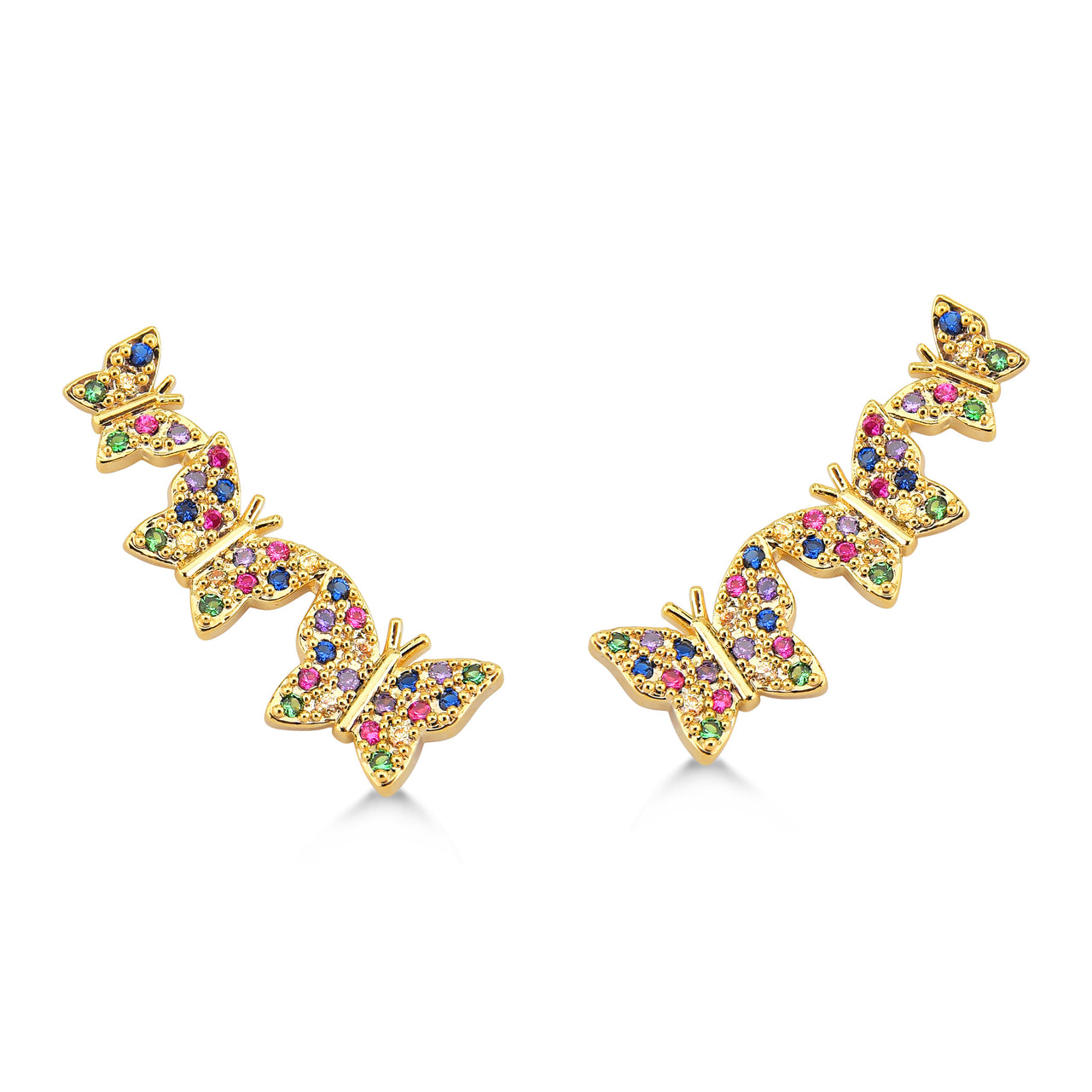 BRINCO EAR CUFF DE BORBOLETAS COM ZIRCONIAS COLORIDAS FOLHEADO A OURO 18K