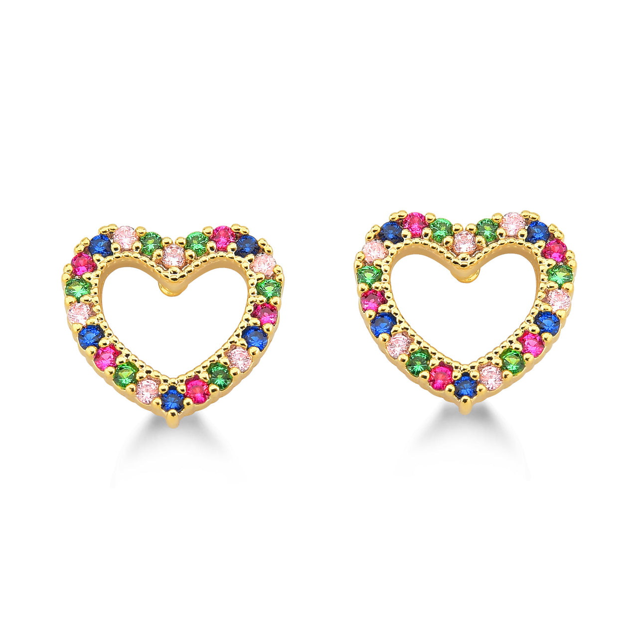 BRINCO DE CORAÇÃO VAZADO PEQUENO CRAVEJADO DE ZIRCONIAS COLORIDAS FOLHEADO A OURO 18K