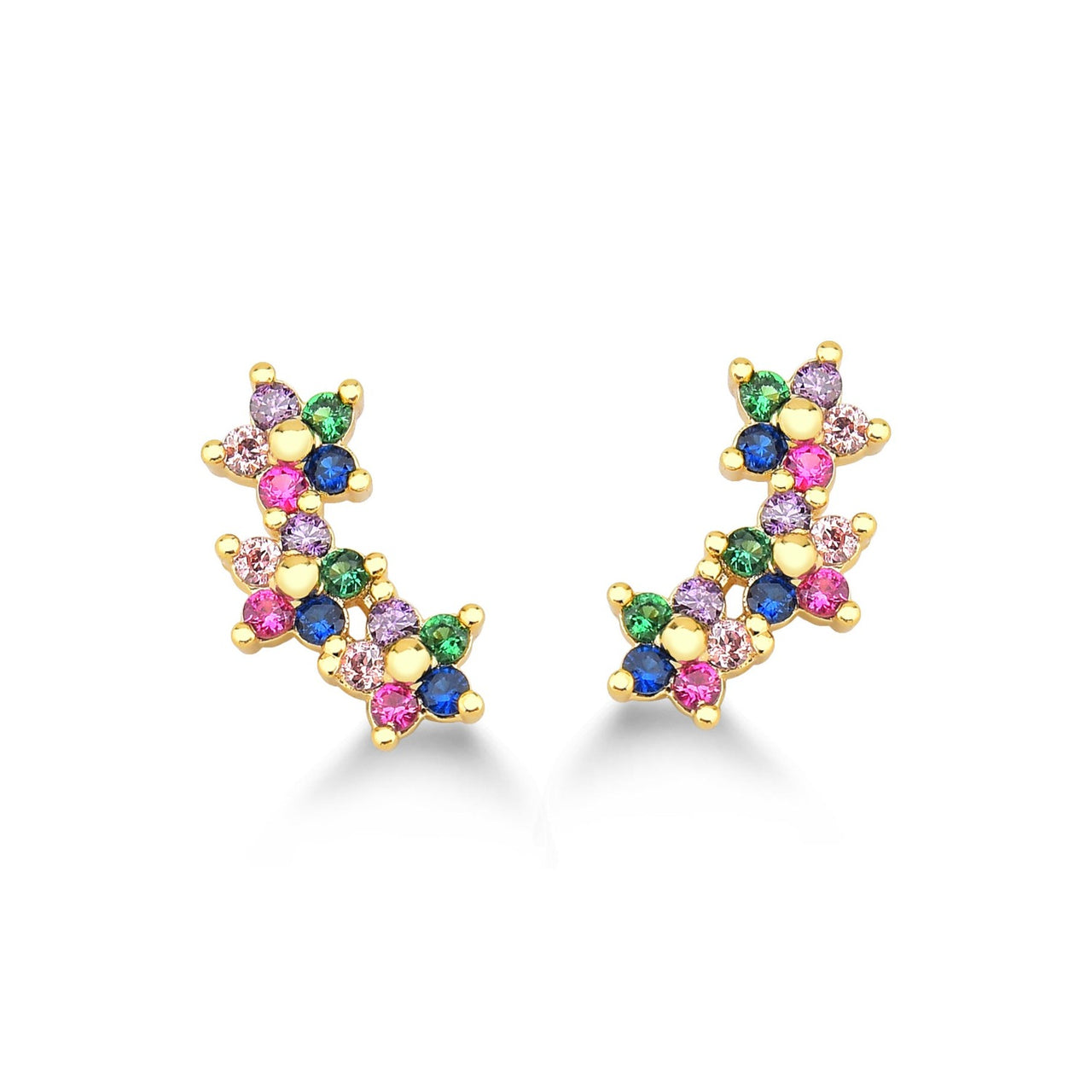 BRINCO EAR CUFF TRES FLORES COM ZIRCONIAS COLORIDAS FOLHEADO A OURO 18K