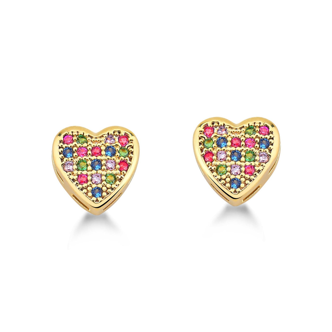 BRINCO DE CORAÇÃO GRANDE CRAVEJADO DE ZIRCONIAS COLORIDAS FOLHEADO A OURO 18K