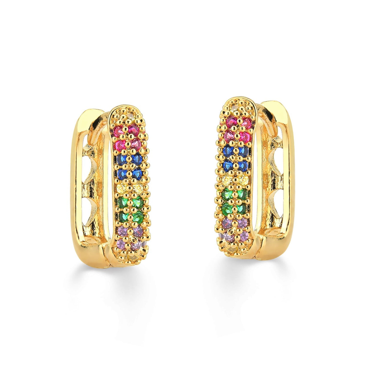 BRINCO DE ARGOLA QUADRADA CREVEJADA DE ZIRCONIAS COLORIDAS FOLHEADO A OURO 18K