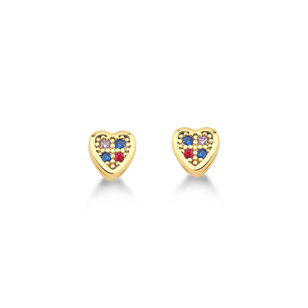 BRINCO DE CORAÇÃO PEQUENO CRAVEJADO DE ZIRCONIAS COLORIDAS FOLHEADO A OURO 18K