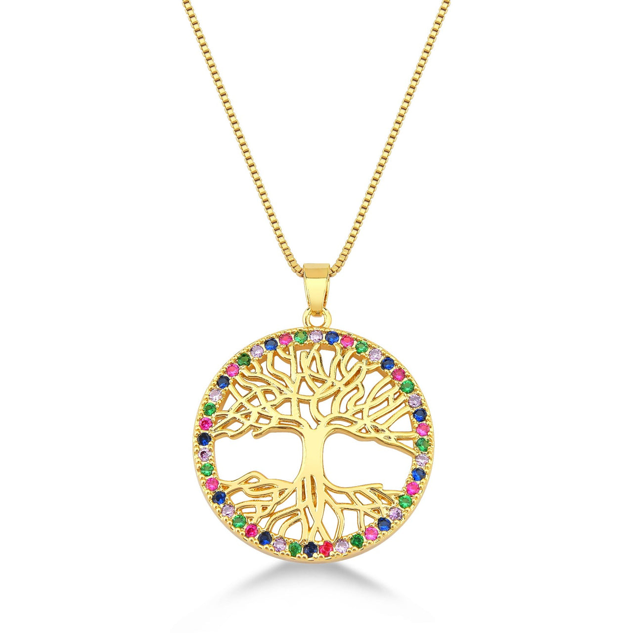 COLAR ARVORE DA VIDA CRAVEJADO DE ZIRCONIAS COLORIDAS NAS BORDAS FOLHEADO A OURO 18K