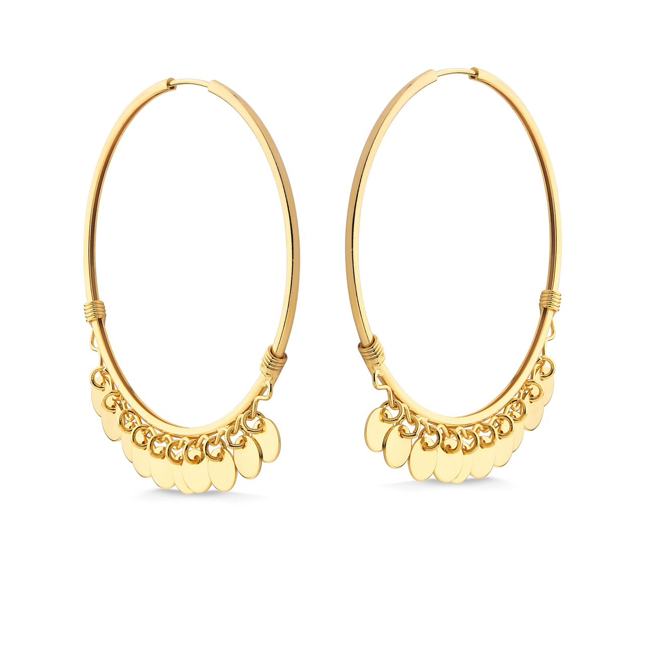 BRINCO DE ARGOLA GRANDE COM PINGENTES DE CONFETES FOLHEADO A OURO 18K