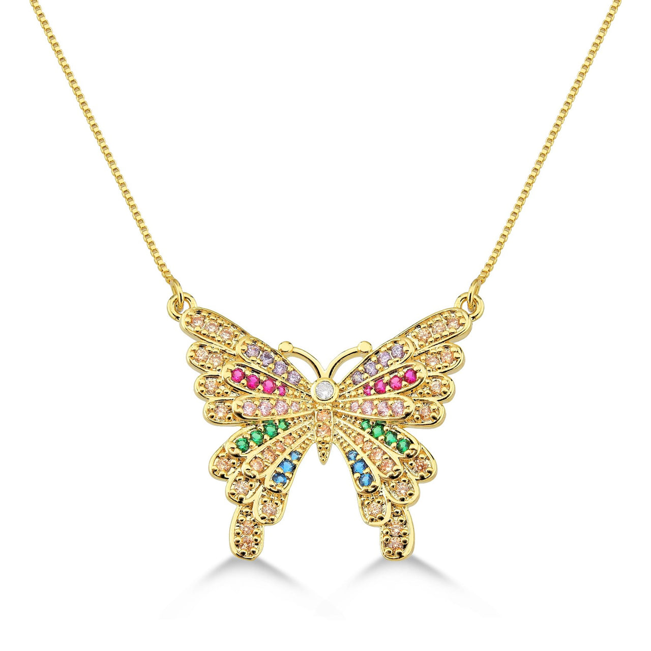 COLAR BORBOLETA CRAVEJADA COLORIDA FOLHEADA A OURO 18K