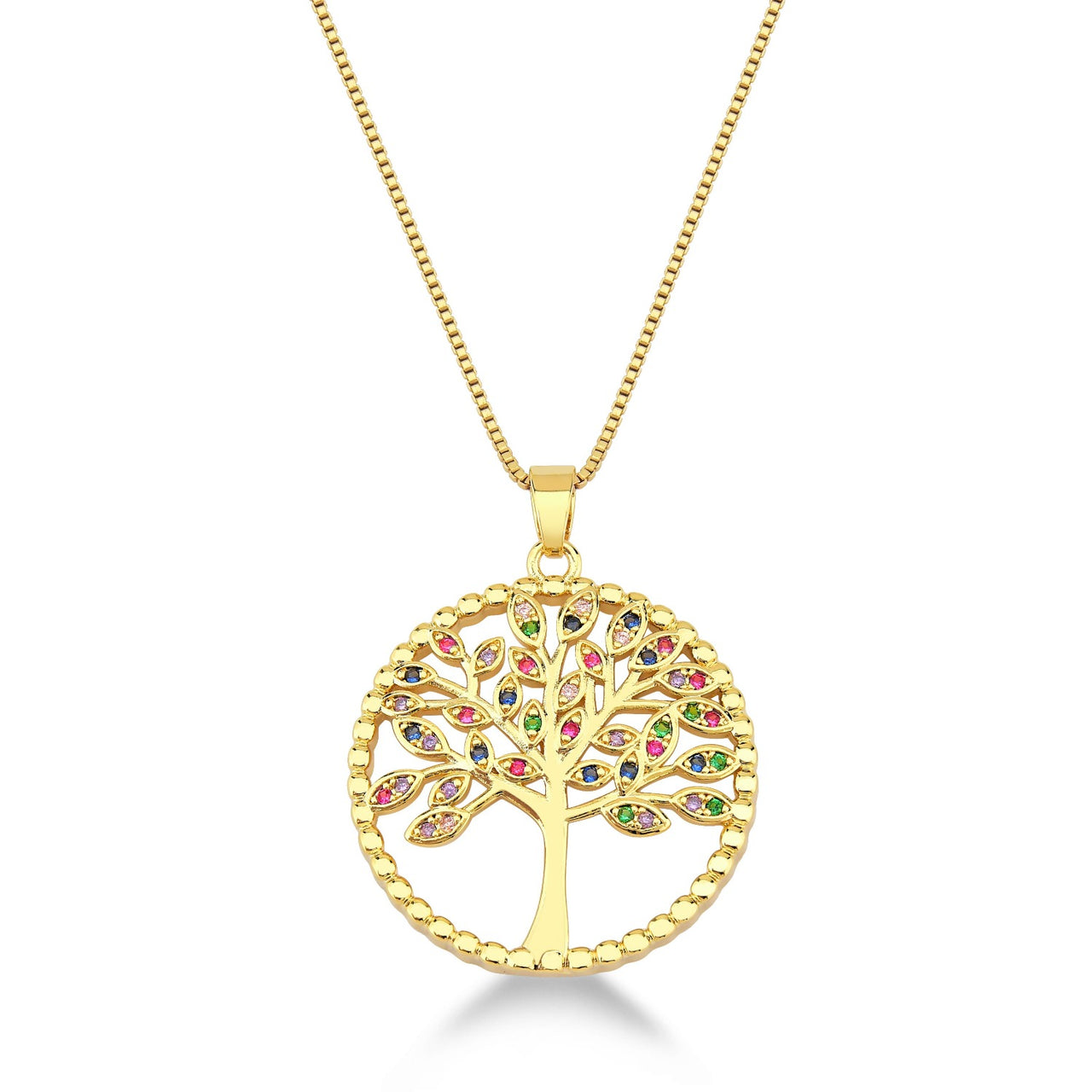 COLAR ARVORE DA VIDA REDONDO CRAVEJADO DE ZIRCONIAS COLORIDAS FOLHEADO A OURO 18K