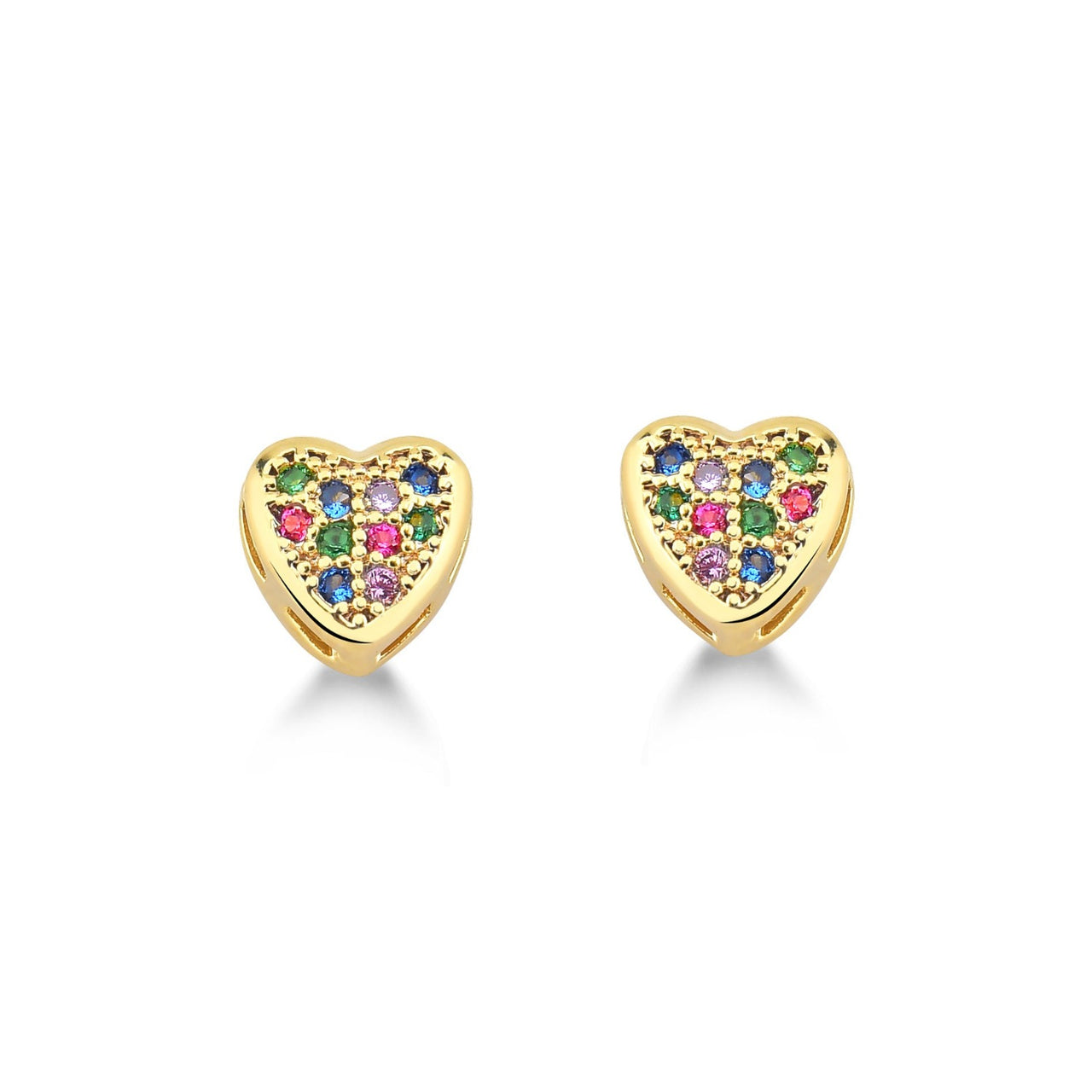 BRINCO DE CORAÇÃO MEDIO CRAVEJADO DE ZIRCONIAS COLORIDAS FOLHEADO A OURO 18K