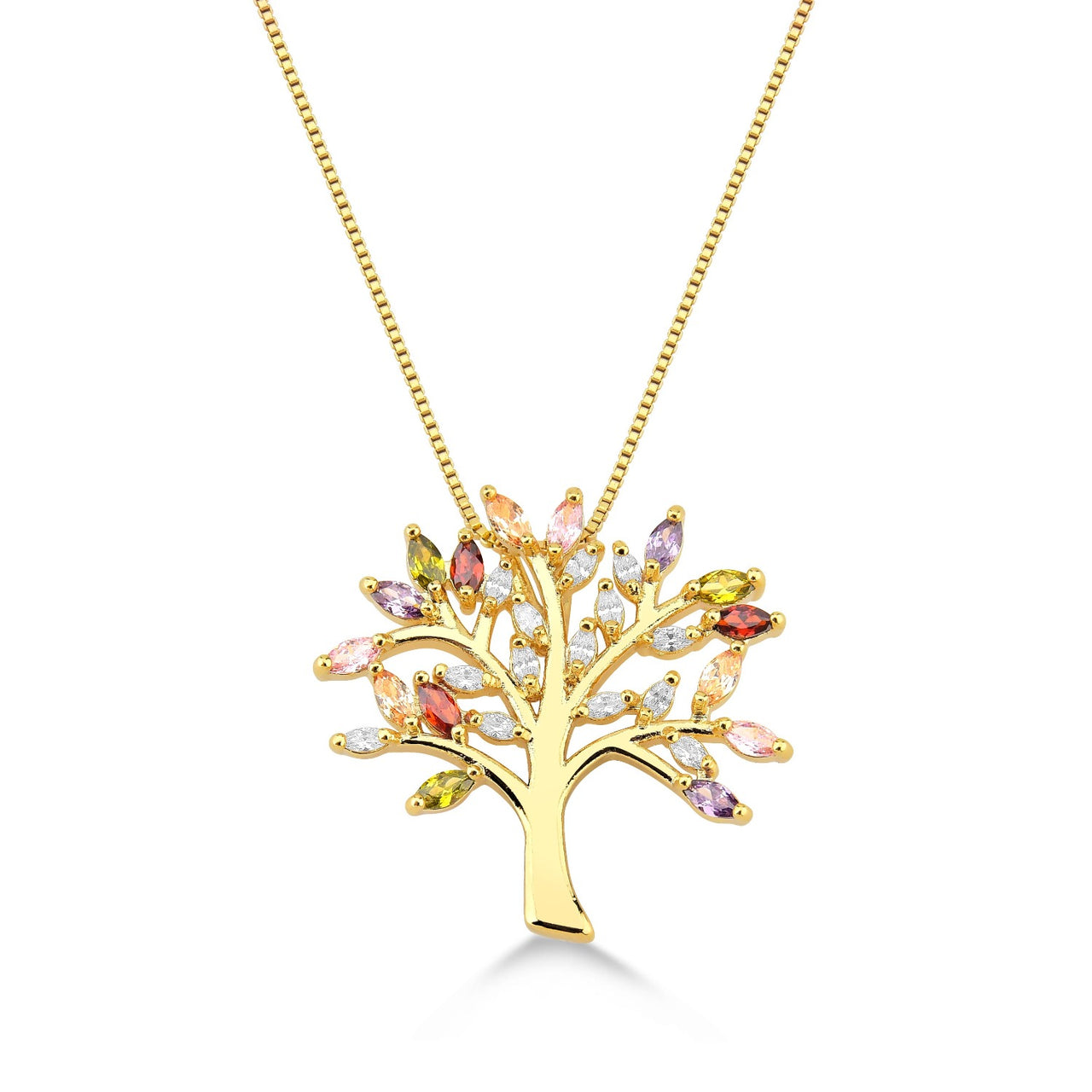 COLAR ARVORE DA VIDA CRAVEJADO DE ZIRCONIAS NAVETES COLORIDAS FOLHEADO A OURO 18K