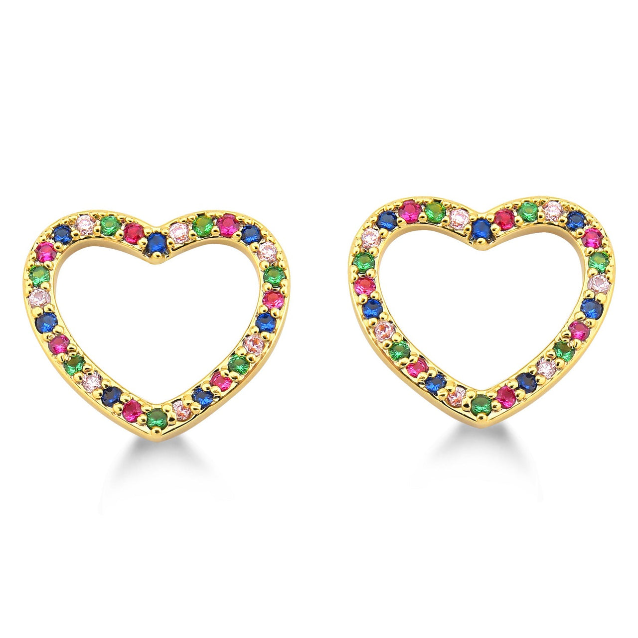 BRINCO DE CORAÇÃO VAZADO GRANDE CRAVEJADO DE ZIRCONIAS COLORIDAS FOLHEADO A OURO 18K