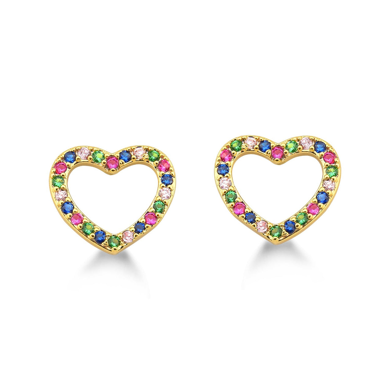 BRINCO DE CORAÇÃO VAZADO MINI CRAVEJADO DE ZIRCONIAS COLORIDAS FOLHEADO A OURO 18K