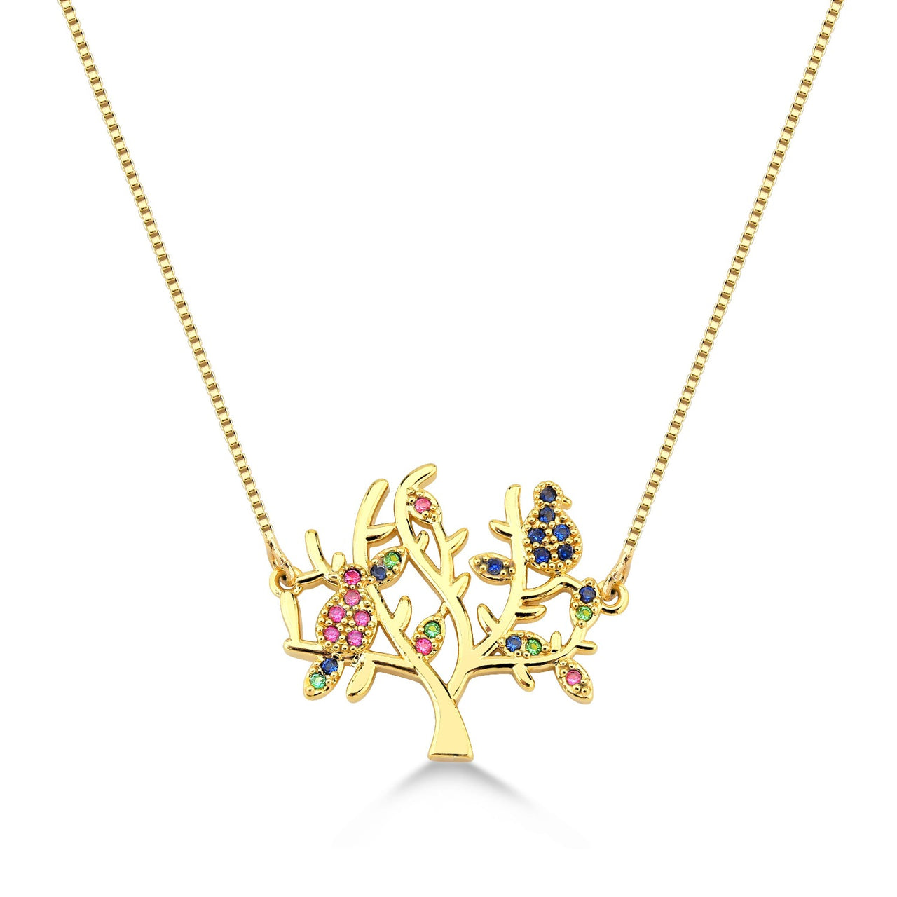 COLAR ARVORE DA VIDA VAZADO CRAVEJADO DE ZIRCONIAS COLORIDAS FOLHEADO A OURO 18K