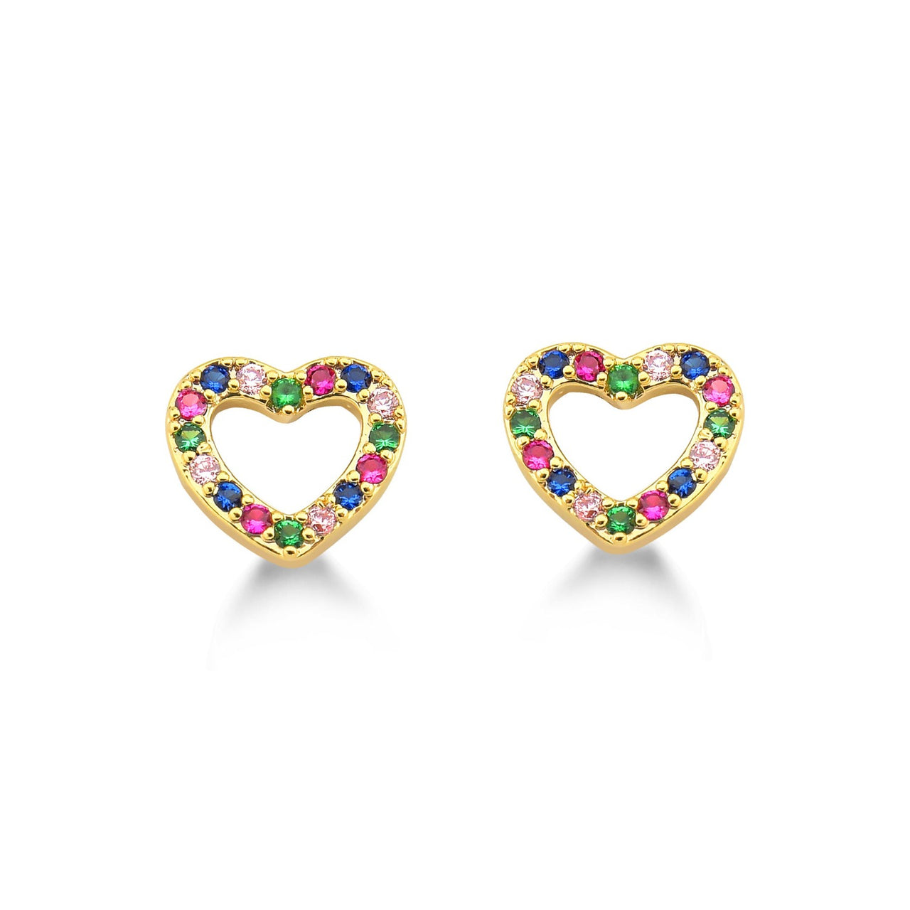 BRINCO DE CORAÇÃO VAZADO PEQUENO CRAVEJADO DE ZIRCONIAS COLORIDAS FOLHEADO A OURO 18K