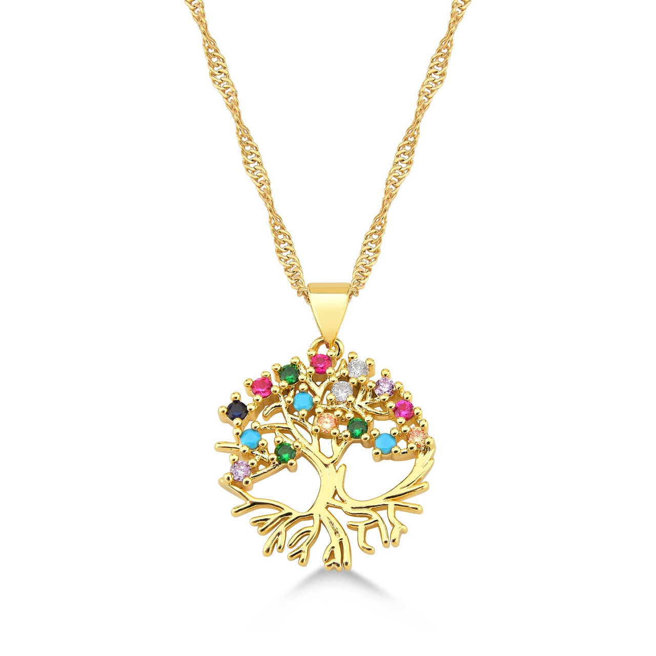 COLAR ARVORE DA VIDA CRAVEJADO DE ZIRCONIAS COLORIDAS FOLHEADO A OURO 18K