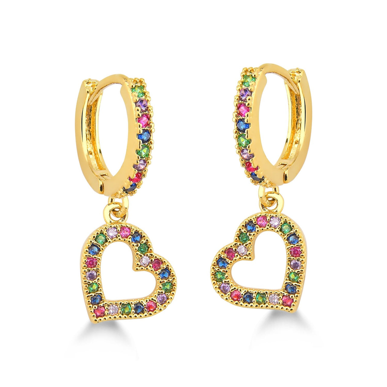 BRINCO DE ARGOLA COM PINGENTE DE CORAÇÃO CRAVEJADO DE ZIRCONIAS COLORIDAS FOLHEADO A OURO 18K