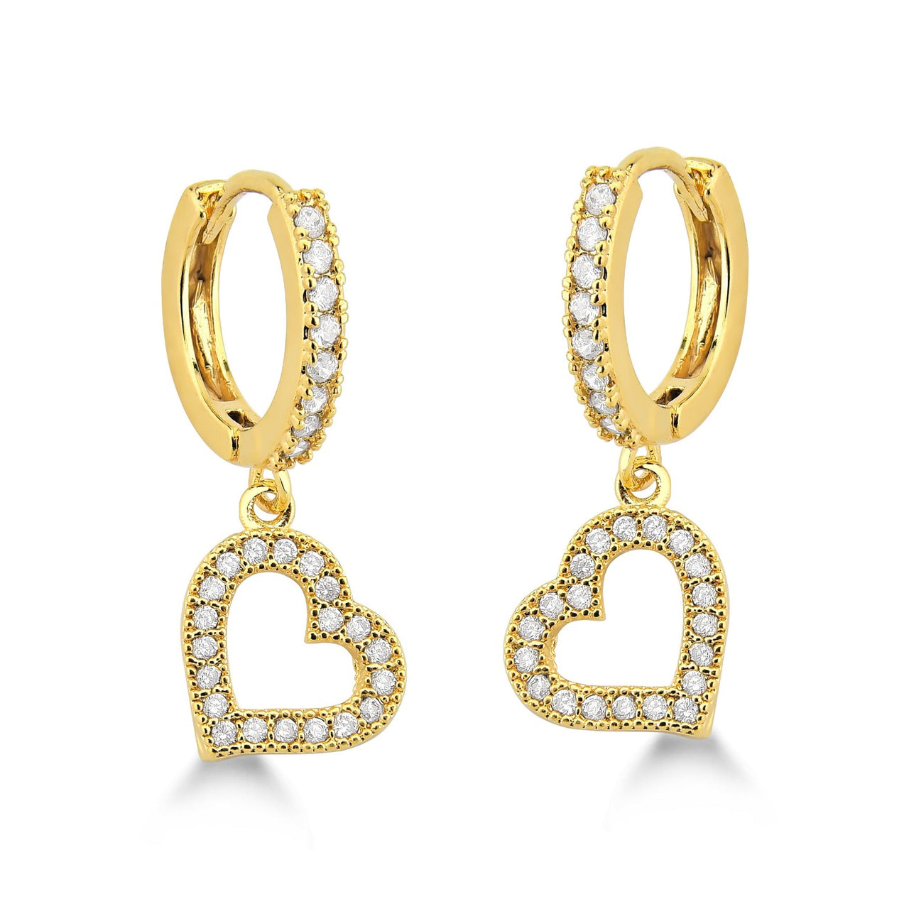 BRINCO DE ARGOLA COM PINGENTE DE CORAÇÃO CRAVEJADO DE ZIRCONIAS CRISTAIS FOLHEADO A OURO 18K