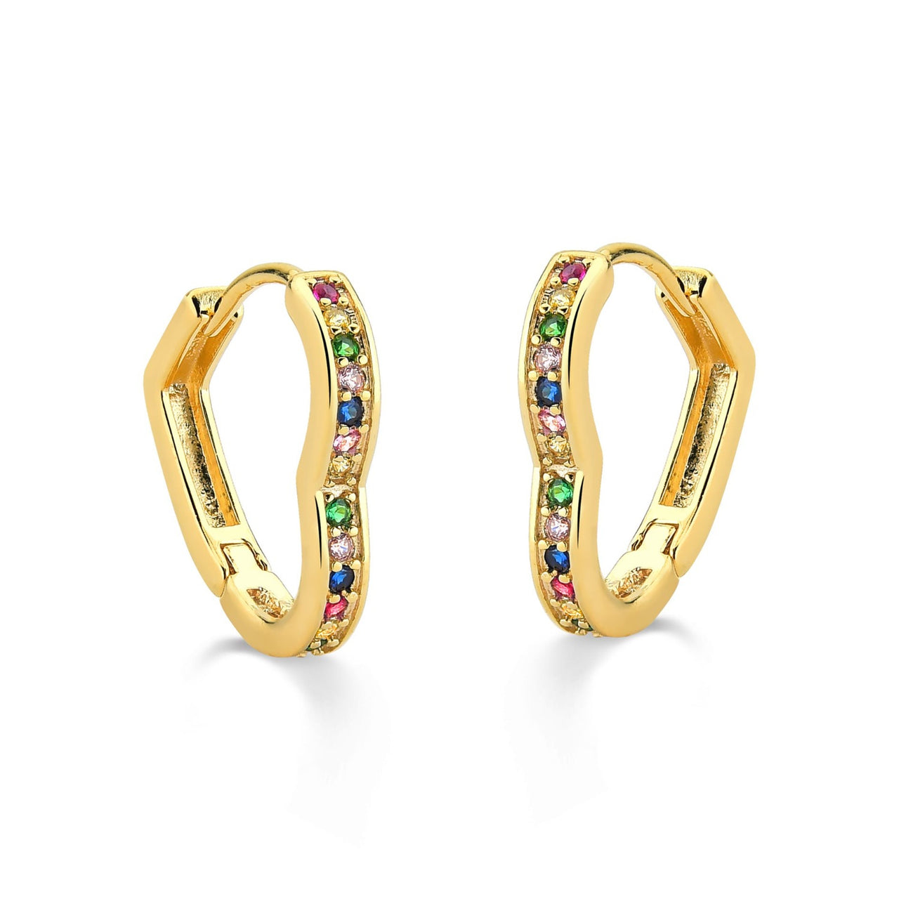 BRINCO DE ARGOLA DE CORAÇÃO GRANDE COM ZIRCONIAS COLORIDAS FOLHEADO A OURO 18K