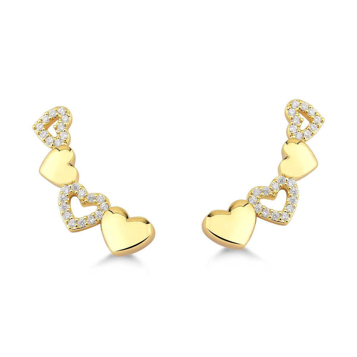 BRINCO EAR CUFF DE CORAÇÕES COM ZIRCONIAS FOLHEADO A OURO 18K