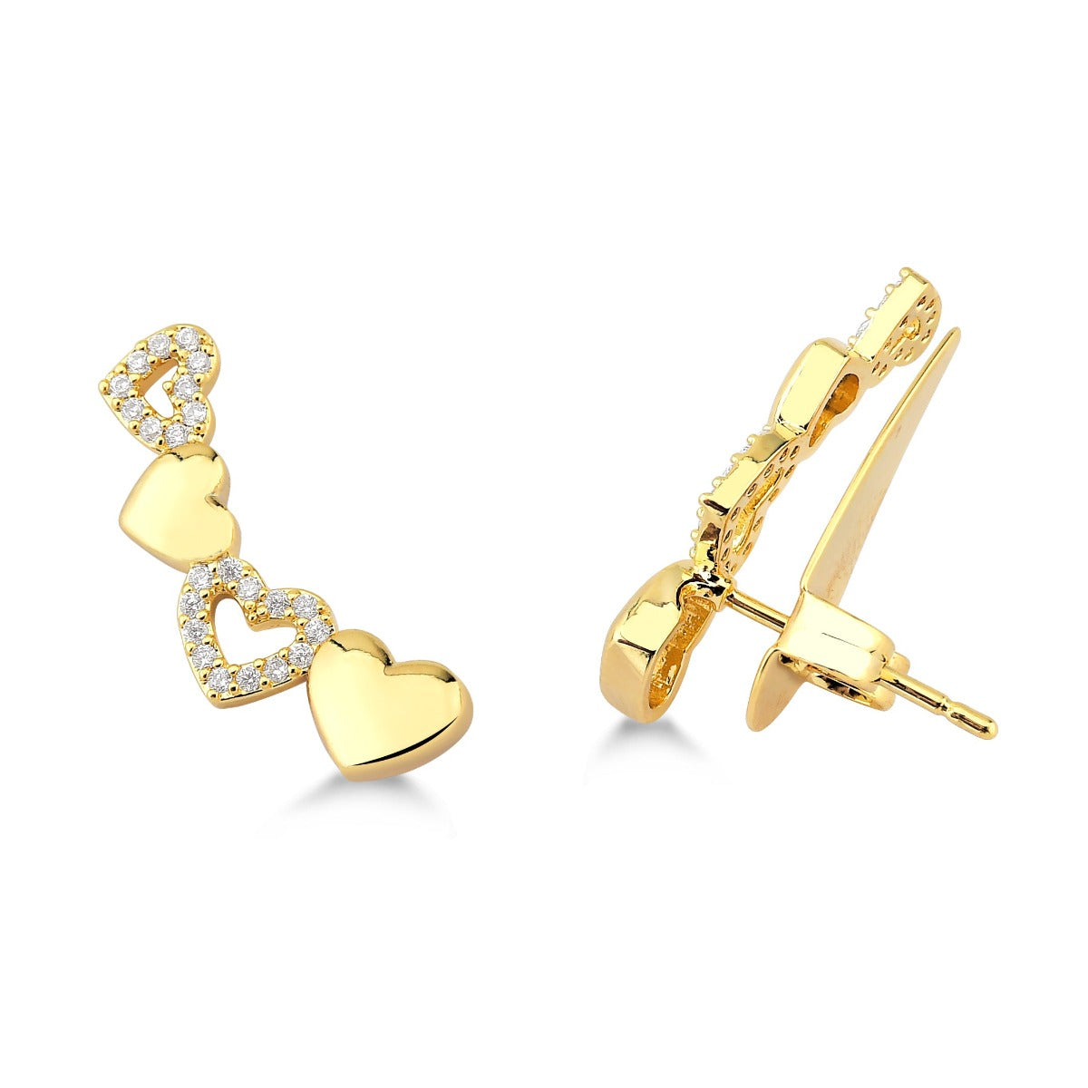 BRINCO EAR CUFF DE CORAÇÕES COM ZIRCONIAS FOLHEADO A OURO 18K