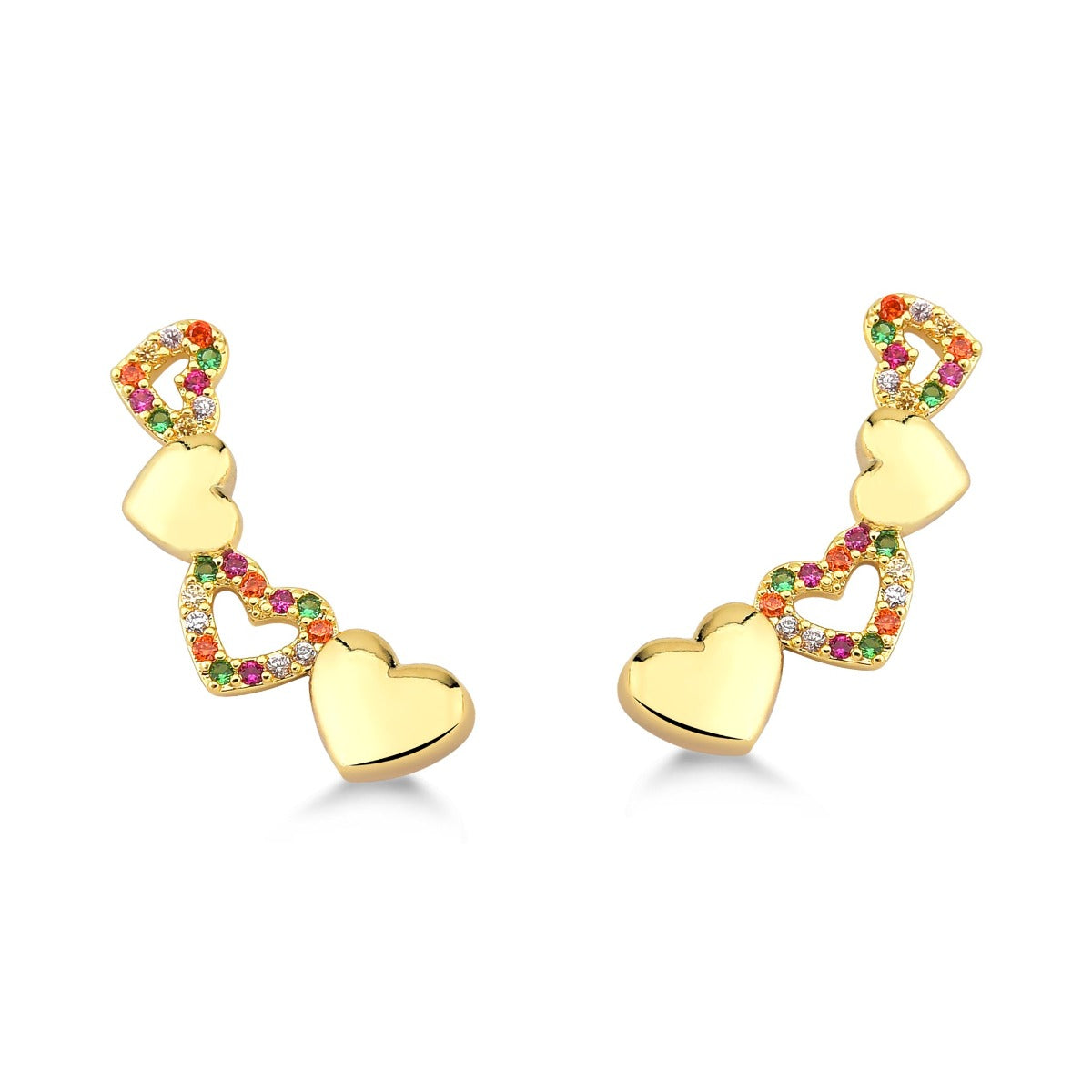 BRINCO EAR CUFF DE CORAÇÕES COM ZIRCONIAS COLORIDAS FOLHEADO A OURO 18K