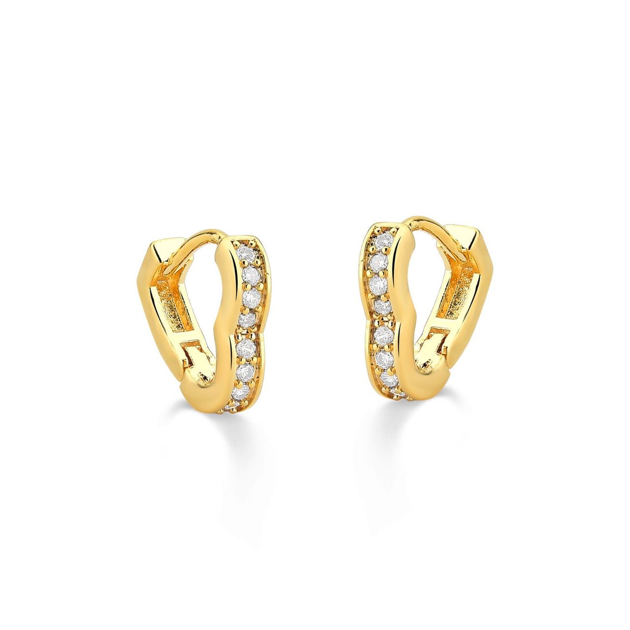 BRINCO DE ARGOLA DE CORAÇÃO PEQUENO COM ZIRCONIAS CRISTAIS FOLHEADO A OURO 18K
